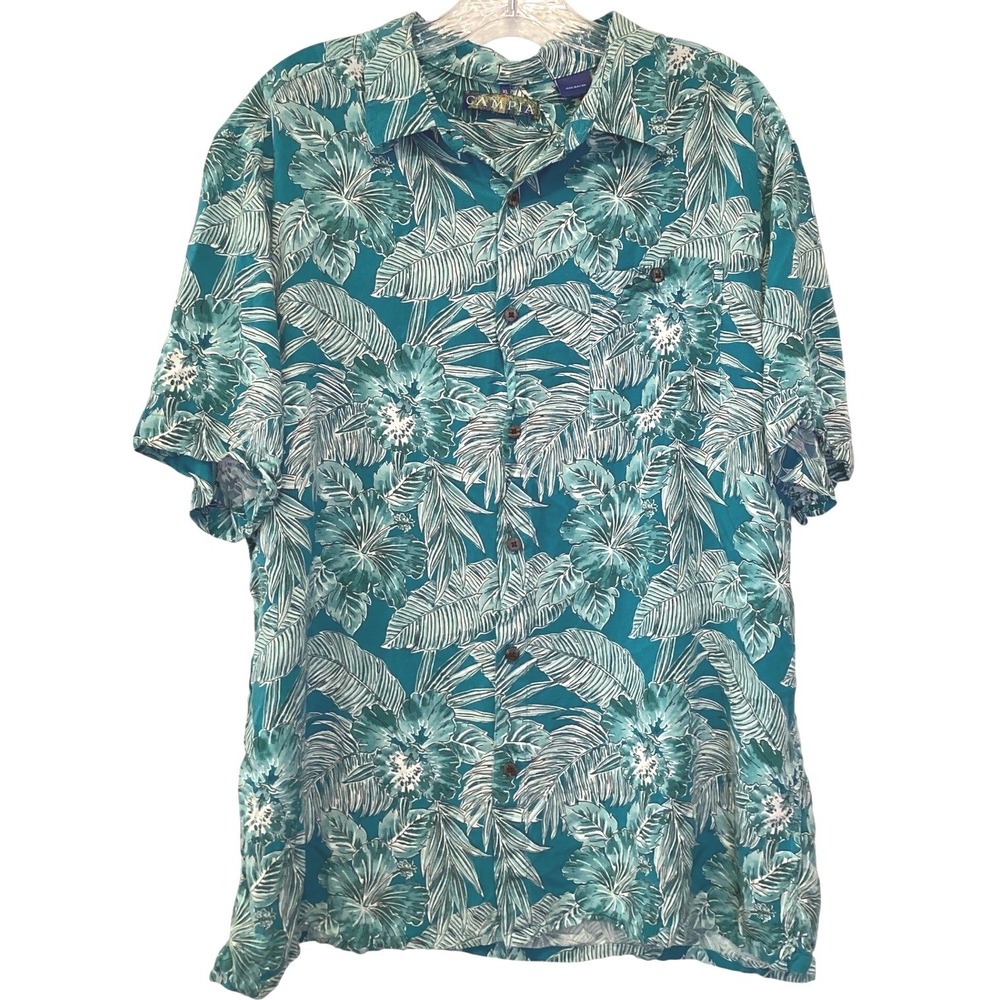 Campia Men's XL Teal Tropical Hibiscus Floral Rayon Short Sleeve Button Up Shirt